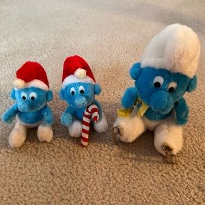 Vintage 1980 & 1982 Peyo SMURF Plush LOT Xmas Santa Winter Candy Cane Ice Skates